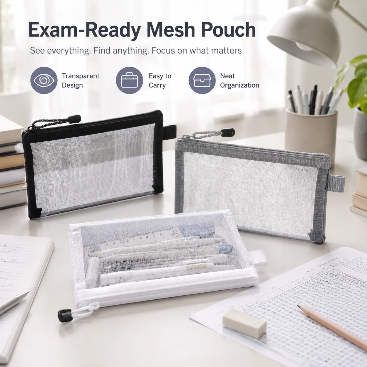 Clear Mesh Pencil Pouch For Exam - Estojo Transparente de Malha com Zíper