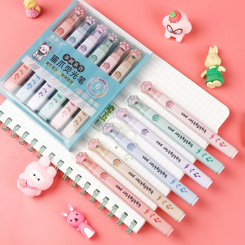 Pastel Highlighter Set Double Ended - 6 unidades/pacote kawaii gato garra pastel