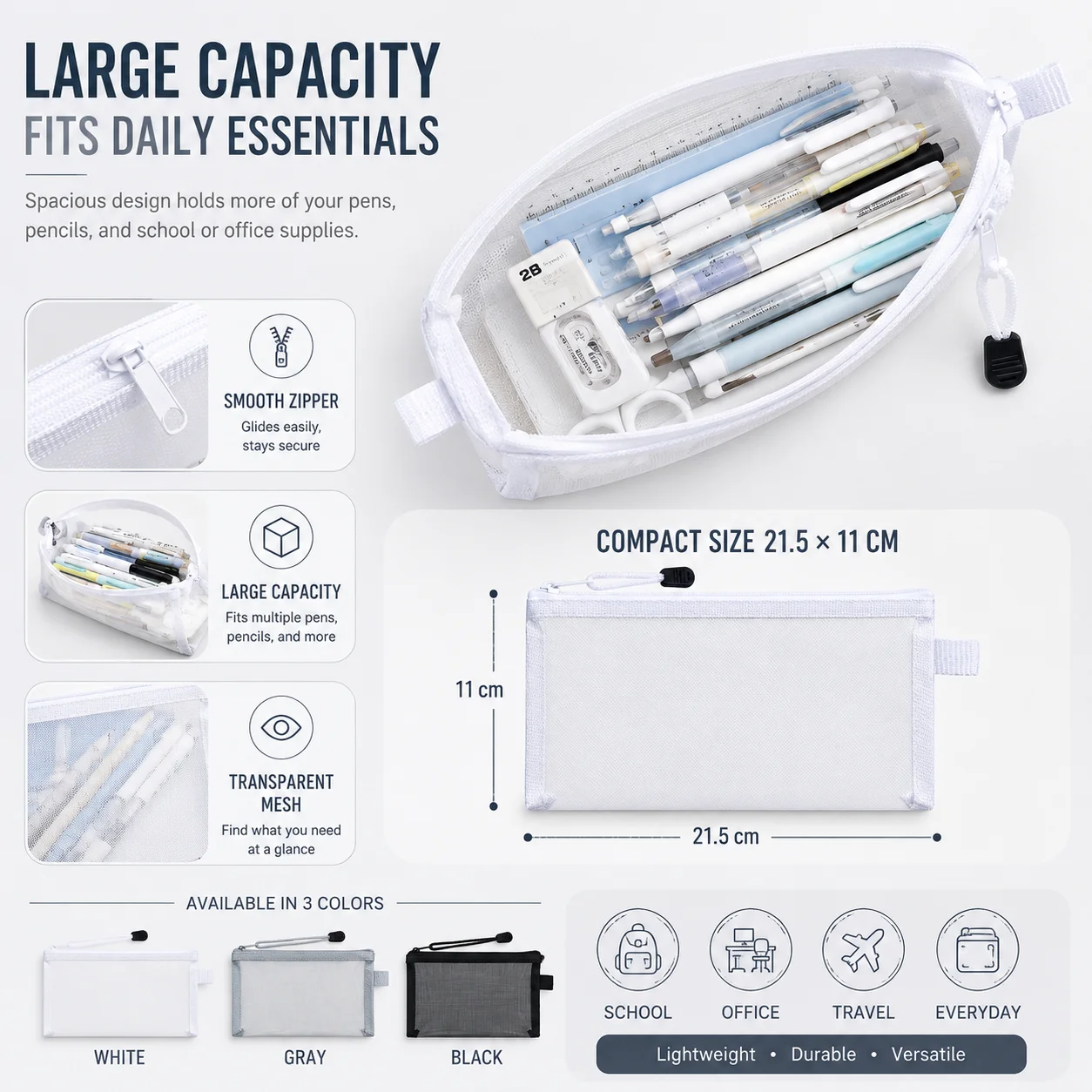 Clear Mesh Pencil Pouch For Exam - Estojo Transparente de Malha para Canetas,